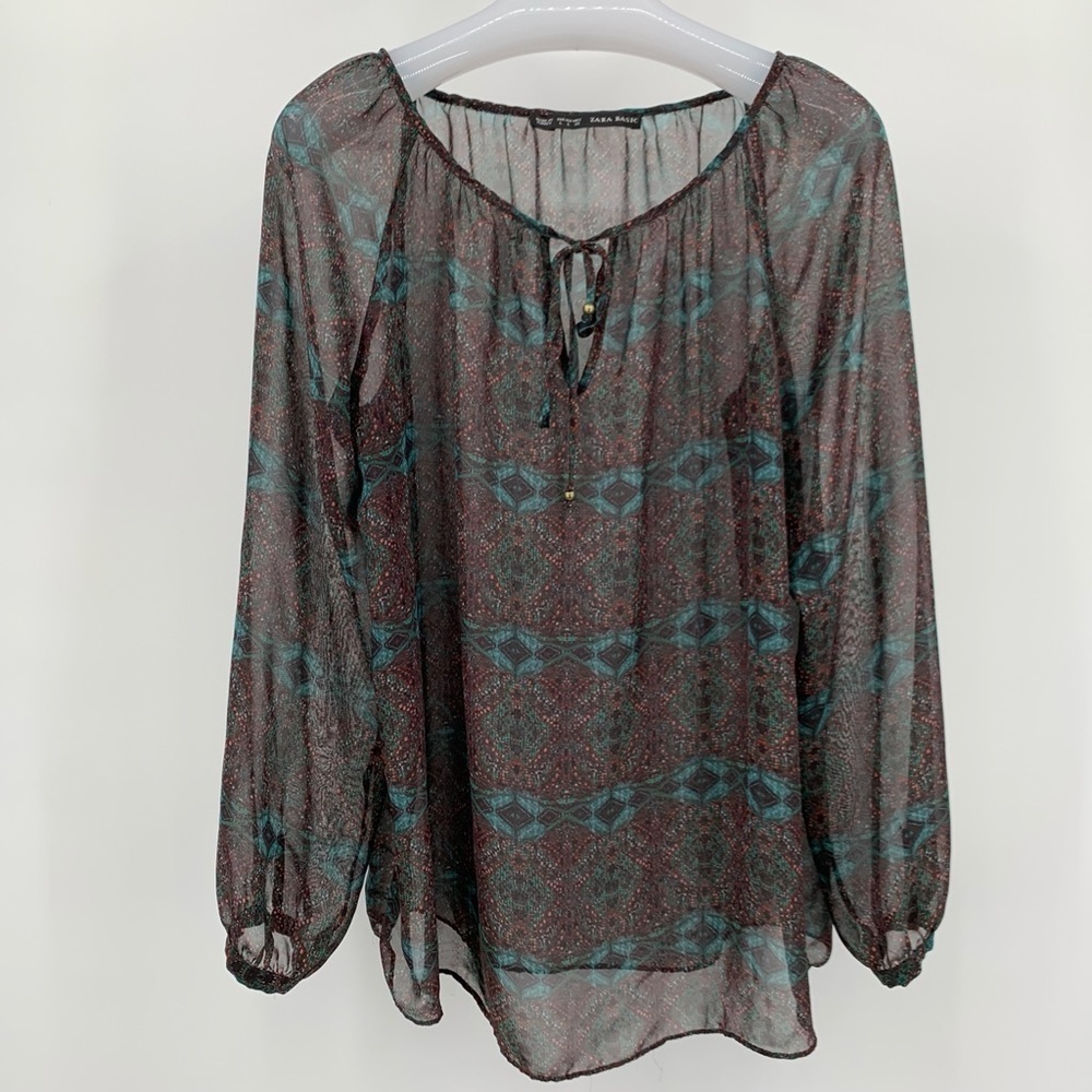 Zara Basic Semi Sheer Peasant‎ Boho Blouse Browns
